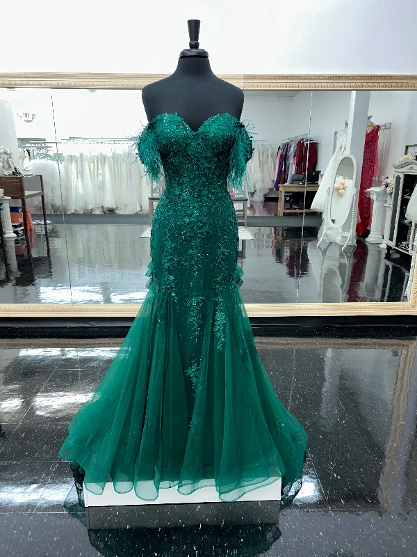 Amarra 88621 Size 10 Emerald Long Sheer Lace Shimmer Mermaid Prom Dress Feather Straps Pageant Gown Corset Lace Dress with Belt