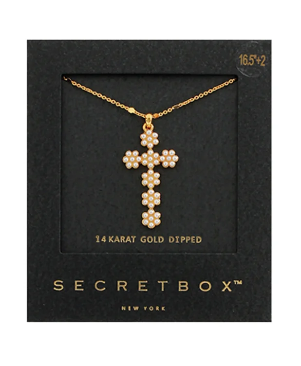 Pave Pearl Cross Pendant Necklace Satin Lace Dress