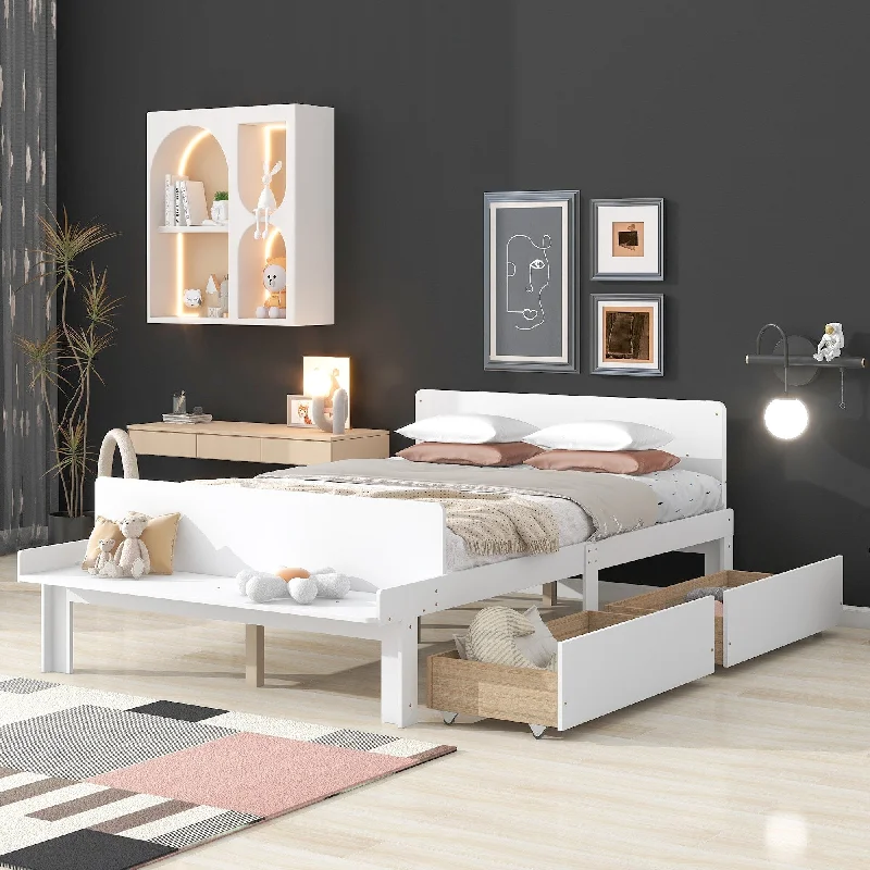 White Full SizeSolid Wood / Kids Storage Bed with Footboard Bench, Elegant /