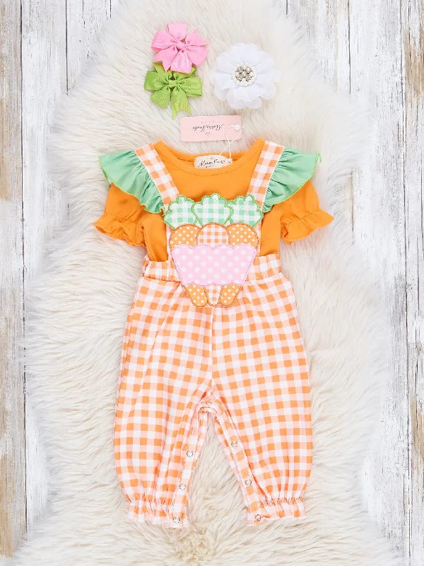 Orange Gingham Embroidered Carrot Overalls Set