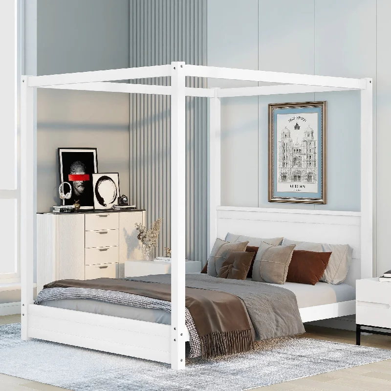 White Queen SizeModern Canopy / Platform Bed with Headboard, Support Legs
