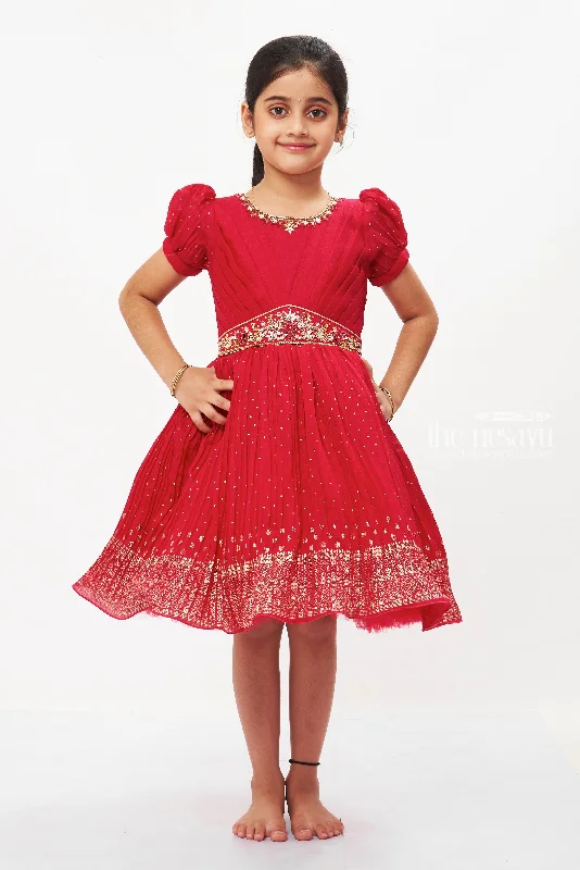 Radiant Red Silk Frock for Girls - Designer Pattu Party Wear Perfect for Ugadi Festivities