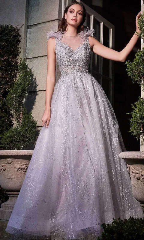 Ladivine B704 - Feather Layered Jewel Neck Evening Dress
