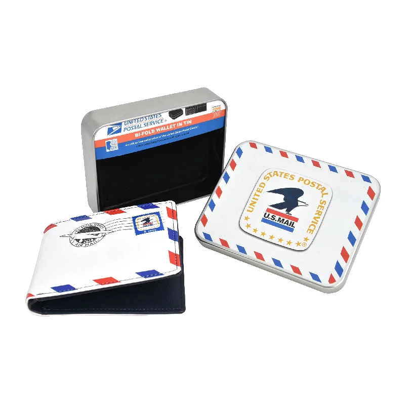 USPS U.S Mail Eagle Stamp Logo Bifold Wallet, Slim Wallet in Decorative Tin Case, Multi