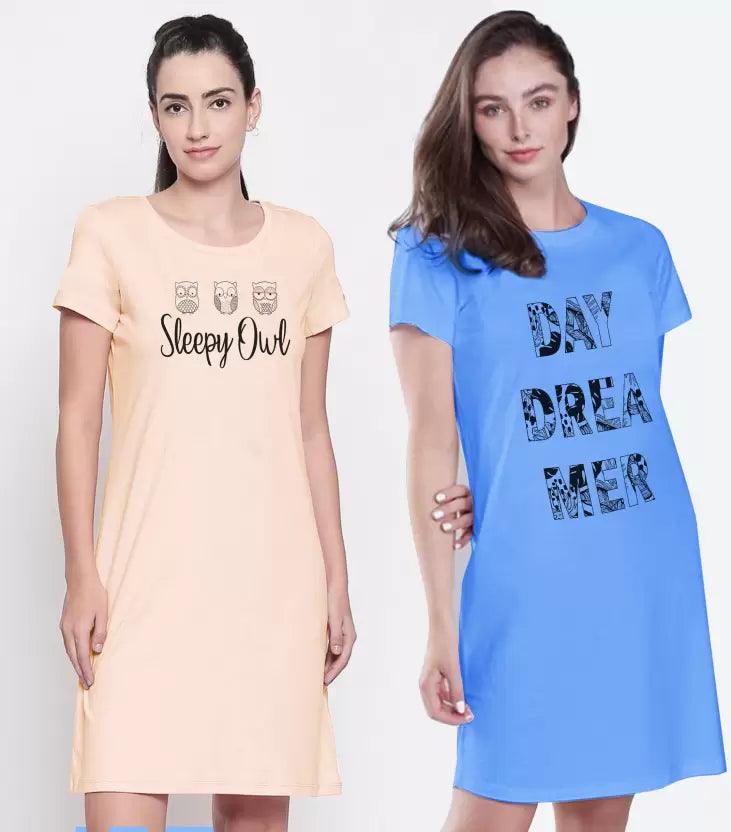 Pack of 2 Women Nighty  (Blue, Pink) Button-up pajama sets
