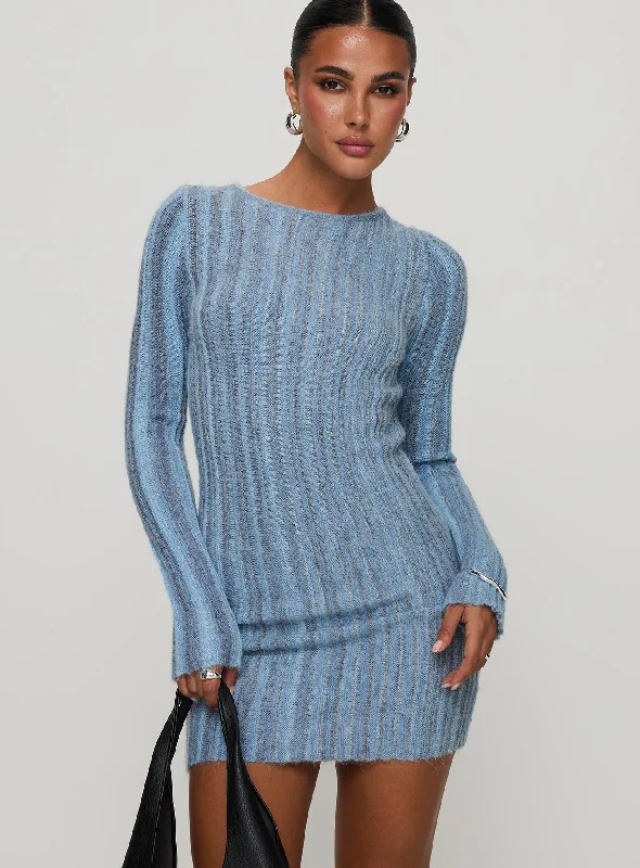 Postcodes Long Sleeve Mini Dress Blue Silk mini dresses