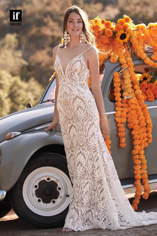 30571 - Plunging V-Neck Illusion Lace Bohemian Wedding Dress Modern Bridal Gown