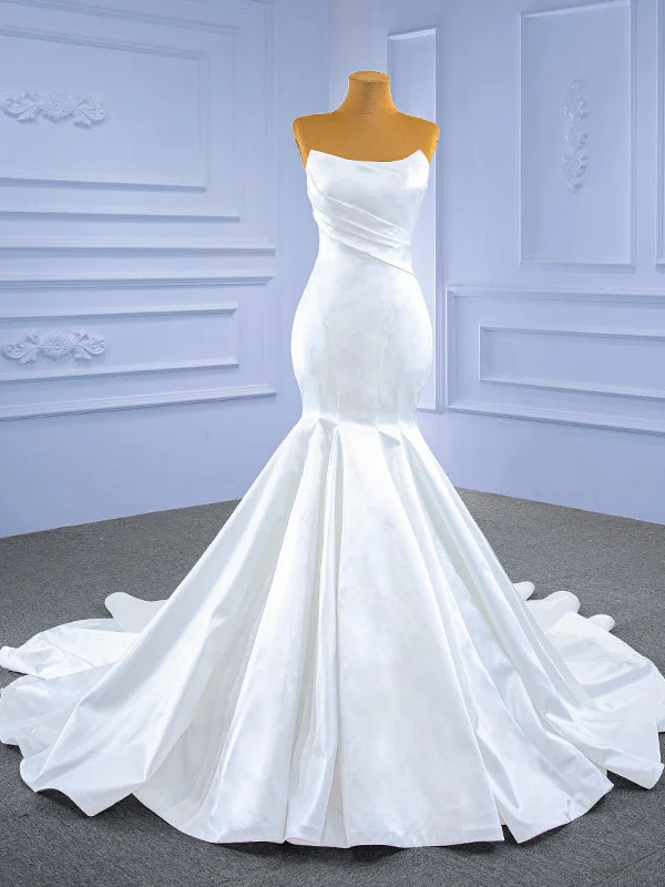 White Mermaid Satin Strapless Wedding Dress Sexy Lace Gown