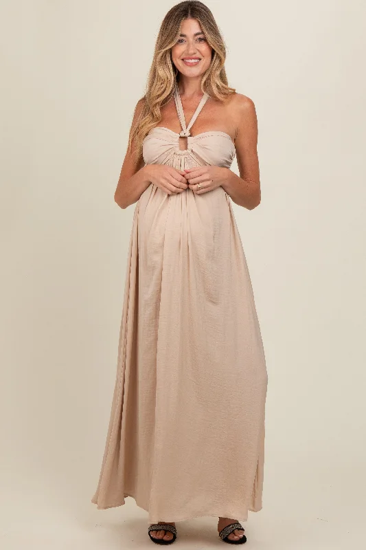 Beige Halter Cutout Maternity Maxi Dress Wedding guest maxi dresses