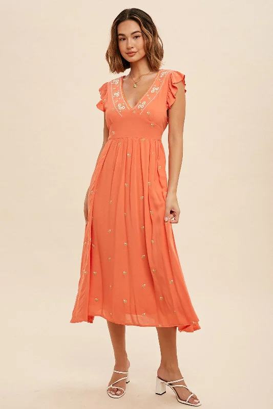 Coral  Floral Embroidered V Neck Midi Dress Zara midi dresses