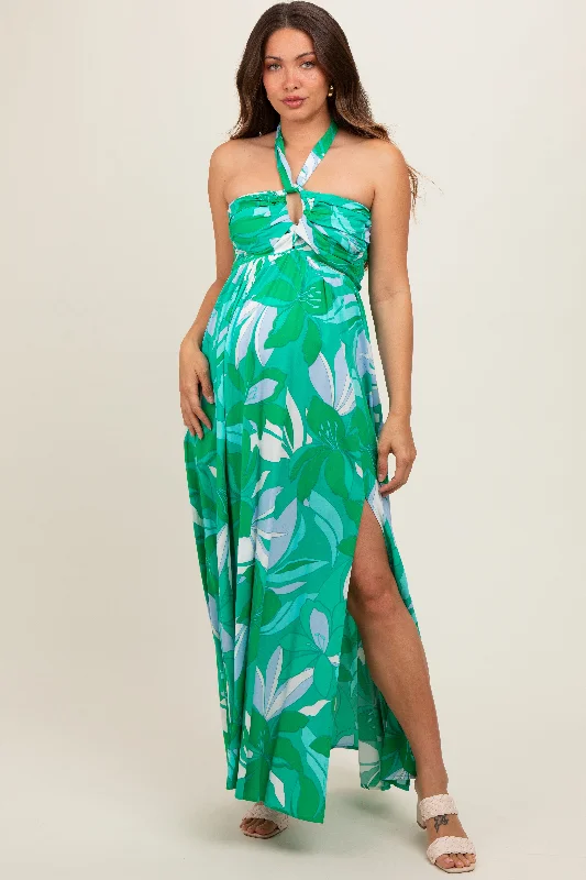 Green Floral Halter Maternity Maxi Dress Smocked maxi dresses