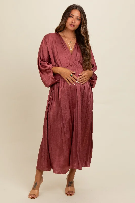 Mauve Satin Pleated V-Neck Maternity Maxi Dress Expensive maxi dresses