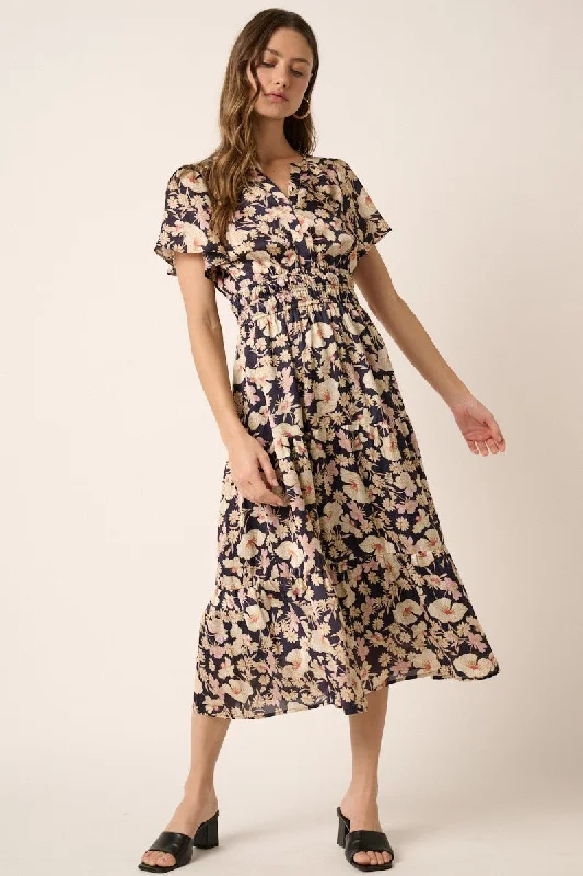 Navy Flower Print Placket Front Midi Dress A-line midi dresses