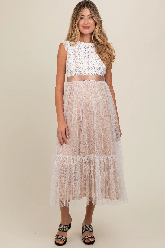 White Lace Contrast Tulle Maternity Maxi Dress Strapless maxi dresses