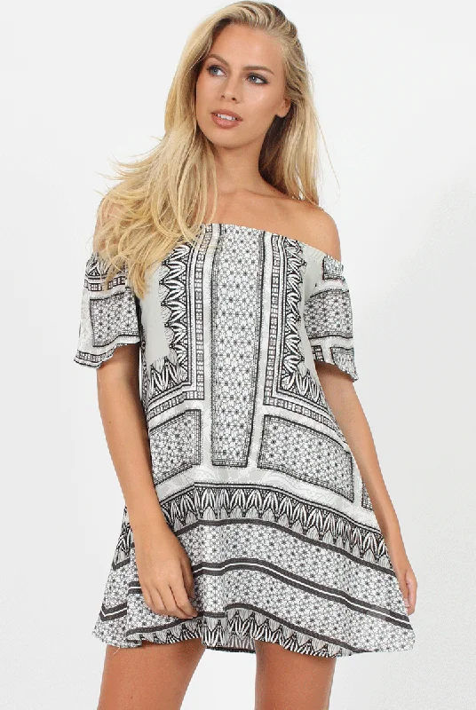 Light Grey Print Bardot Dress - July Wrap floral dresses