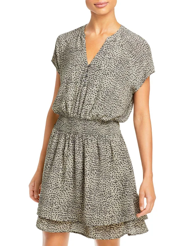 Karla Womens Animal Print Smocked Mini Dress Ripped Denim Skirt