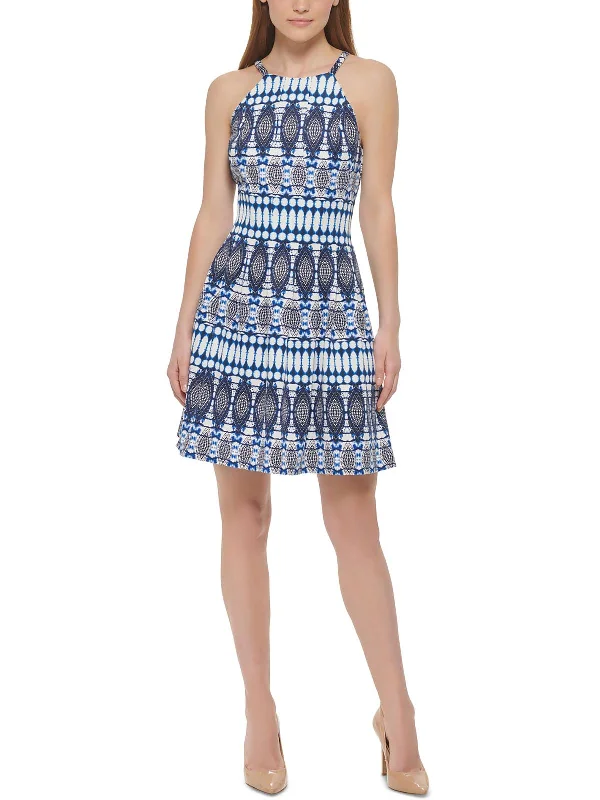 Womens Printed High Neck Mini Dress Polka Dot Skirt