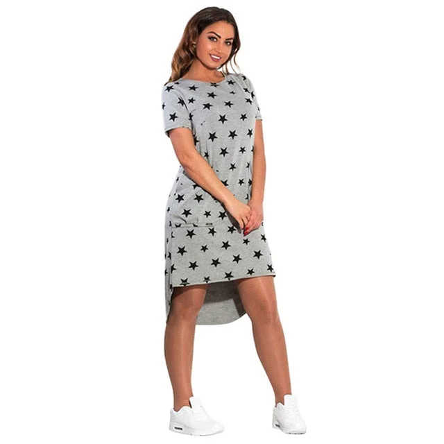 Women's Summer Irregular O-Neck Short-Sleeved Dress With Stars Flirty Mini Skirt