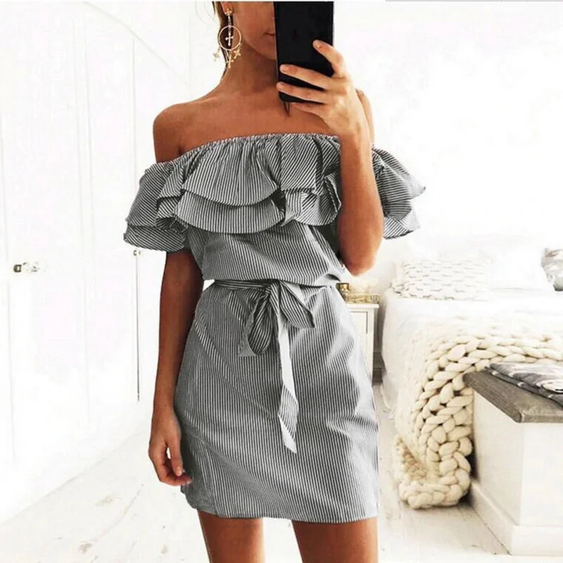 Women's Summer Short Dress With Open Shoulders High-Waisted Mini Skirt