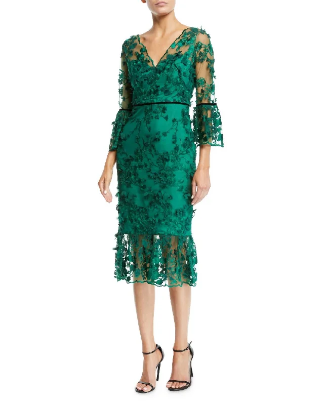 Embroidered Tea Length Fit Flare Flower Dress In Green Printed unclassified dresses