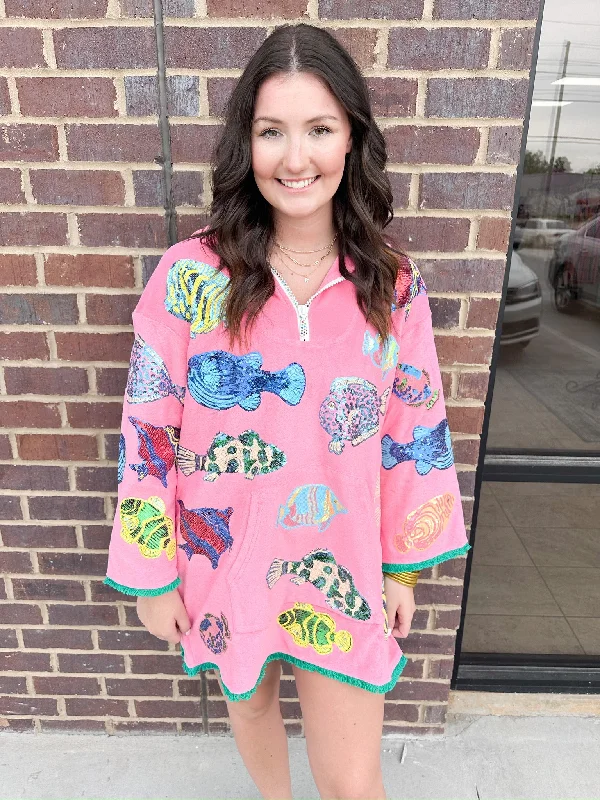 QOS Pink Multi Fish Hoody Coverup Earthy tone unclassified dresses