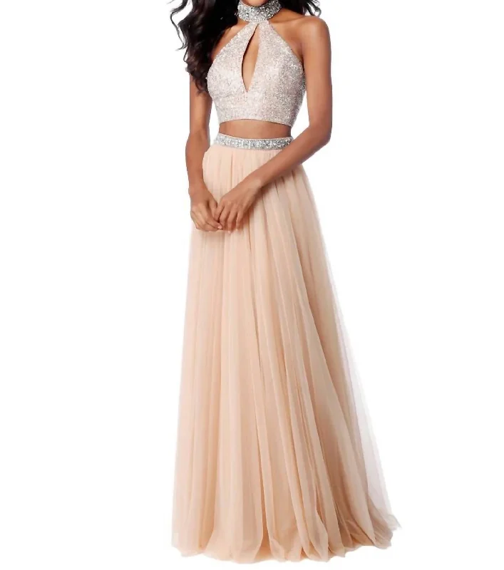 Two-Piece Beaded Keyhole Prom Dress In Nude Office unclassified dresses