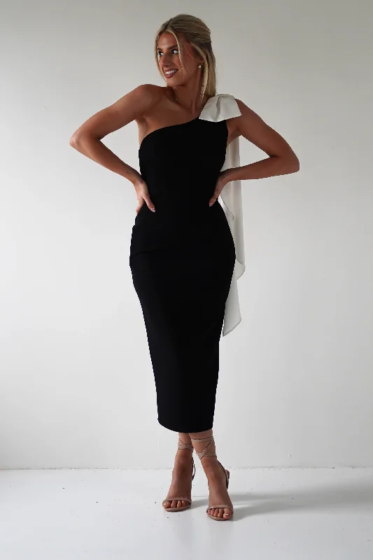 Camella Bodycon Bow Detail Midi Dress | Black Elegant Satin Skirt